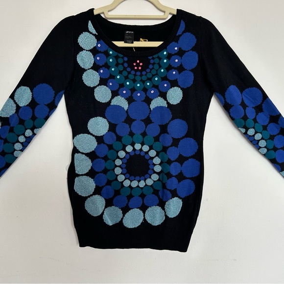 Desigual Long Sleeve Sweater Medium Black with colorful pattern and rhinestones. - Picture 4 of 5